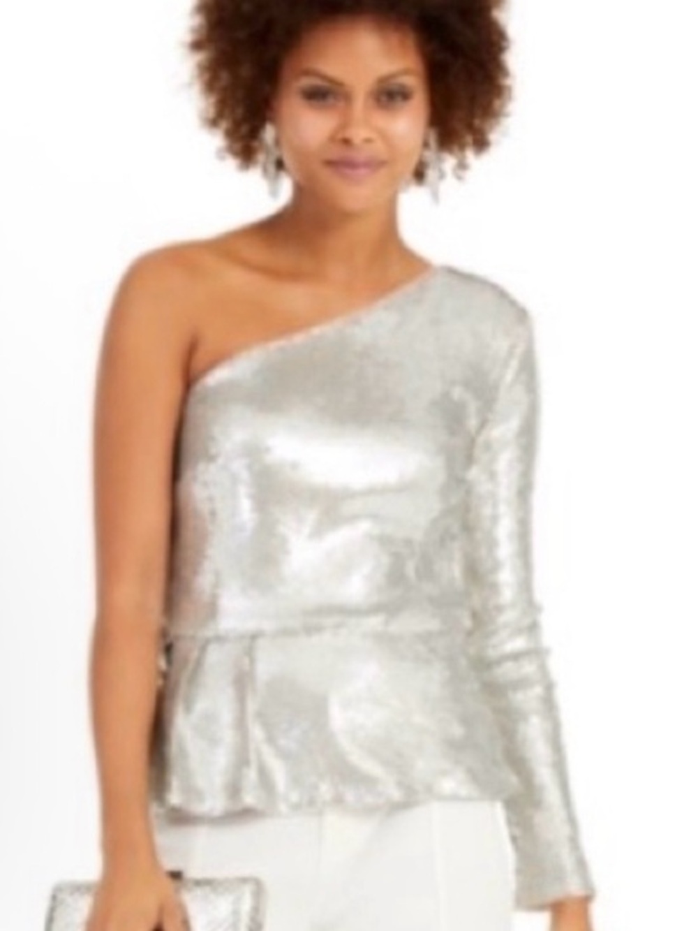 Inc One-Shoulder Silver Sequin Peplum Top
